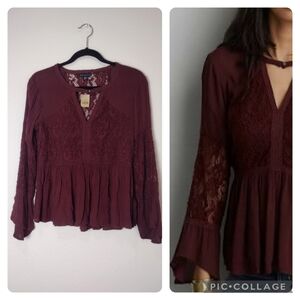American Eagle Dark Red Sheer Lace Panel Bell Sleeve V-Neck Peplum Boho Blouse
